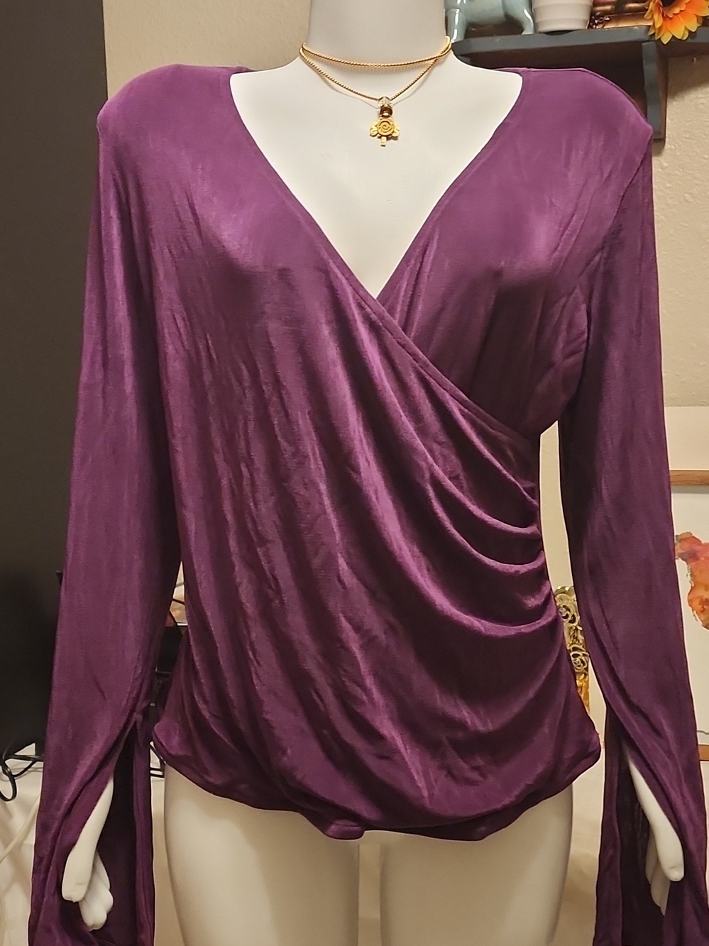 Draped Wrap-Front Long Sleeve Top in Plum